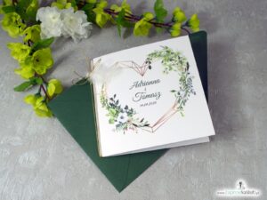 Zaproszenia ślubne boho z geometrycznym sercem, białym piórkiem i zielonymi liśćmi. ZAP-41-26