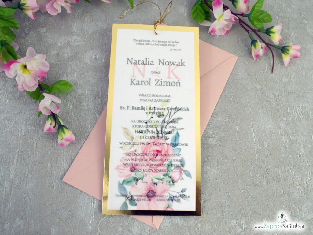Modne zaproszenia ślubne złoty papier z efektem lustra i kalka z kwiatami ZAP-138-2