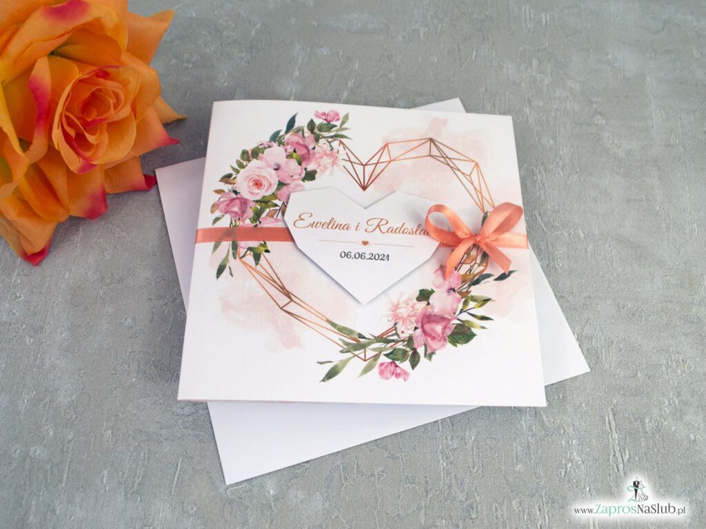Modne zaproszenia ślubne z geometrycznym sercem i herbacianymi kwiatami ZAP-41-10