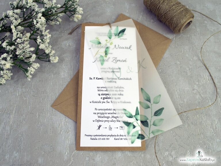 Rustykalne zaproszenia ślubne z kalką i zielonymi liśćmi na papierze eko ZAP-138-1
