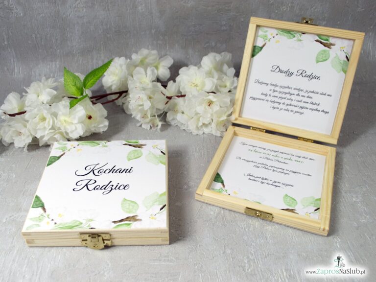 Zaproszenie dla rodziców w drewnianej szkatułce z białymi kwiatami wiśni POB-76-19 - ZaprosNaSlub