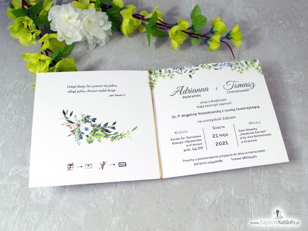 Zaproszenia ślubne boho z geometrycznym sercem, białym piórkiem i zielonymi liśćmi. ZAP-41-26