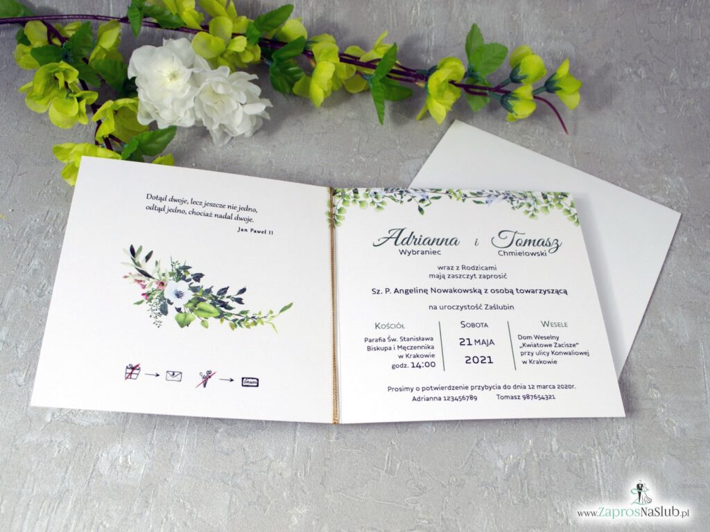 Zaproszenia ślubne boho z geometrycznym sercem, białym piórkiem i zielonymi liśćmi. ZAP-41-26