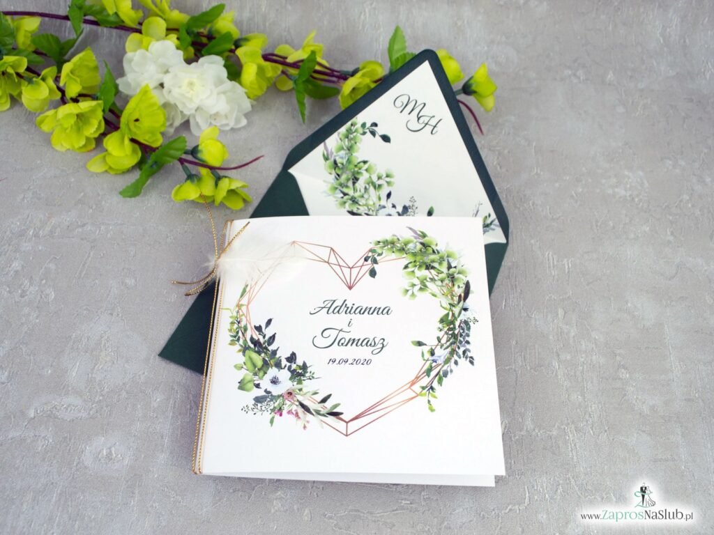 Zaproszenia na ślub z geometrycznym sercem i zielonymi listkami, zielona koperta z wkładką ZAP-41-26