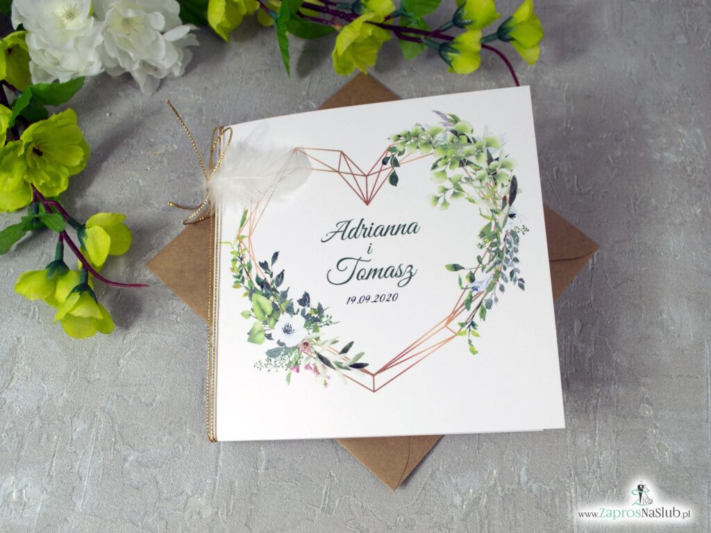 Zaproszenia ślubne boho z geometrycznym sercem, białym piórkiem i zielonymi liśćmi. ZAP-41-26