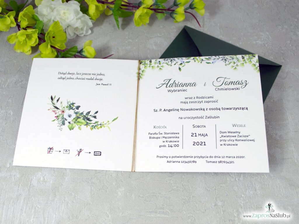 Zaproszenia ślubne w stylu rustykalnym z zielonymi liśćmi i geometrycznym złotym sercem oraz piórkiem ZAP-41-26