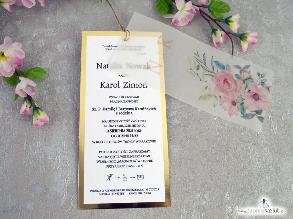 Zaproszenia ślubne z kalką i różowymi kwiatami na złotym papierze z efektem lustra ZAP-138-2