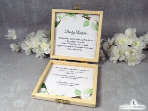 Zaproszenie dla rodziców w drewnianej szkatułce z białymi kwiatami wiśni POB-76-19