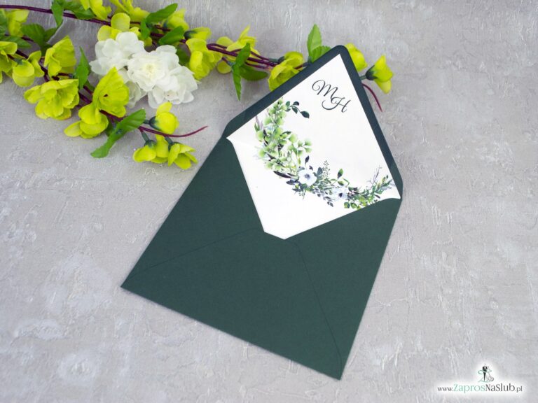 Zielona koperta z wkładką z zielonymi listkami i białymi kwiatami WDK-41-26