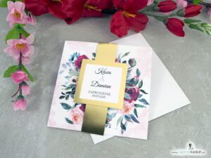 Zaproszenia ślubne z kwiatami róży oraz złotą opaską ZAP-142