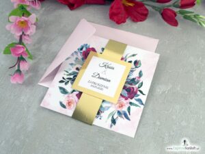 Zaproszenia ślubne z kwiatami róży oraz złotą opaską ZAP-142