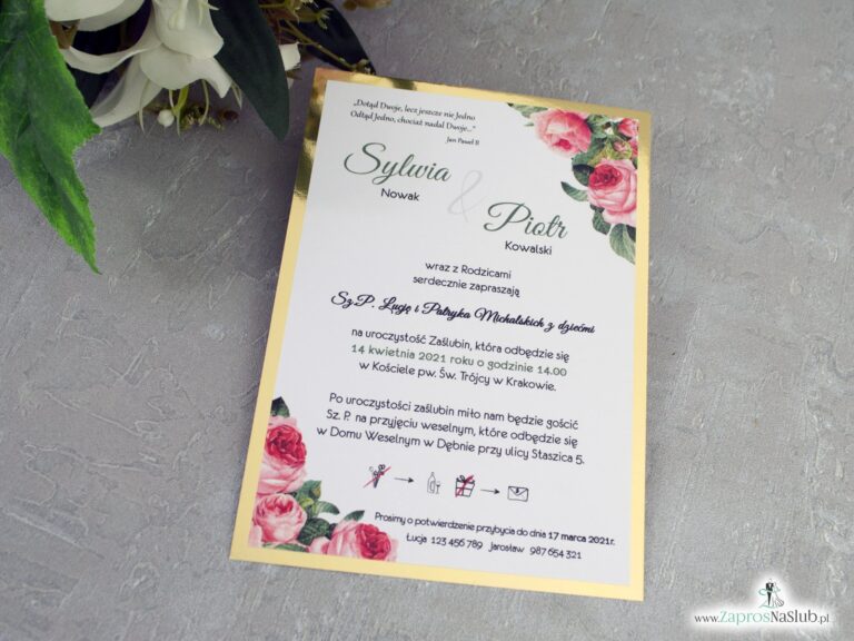 Zaproszenie ślubne z różami i zielonymi liśćmi na złotym papierze ZAP-110-2 - ZaprosNaSlub