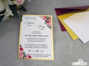 Zaproszenie ślubne z różami i zielonymi liśćmi na złotym papierze ZAP-110-2
