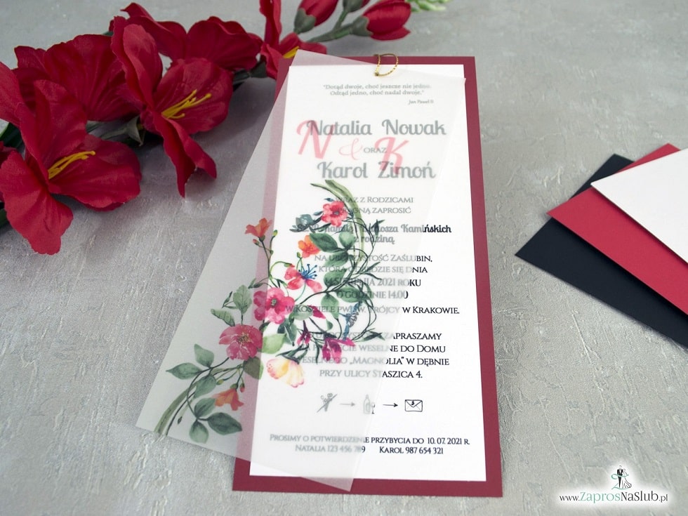 Zaproszenia ślubne z kalką i czerwonymi kwiatami ZAP-138-3