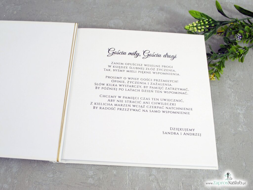 Księga gości na wesele z zielonymi liśćmi i złotym papierem KSG-123