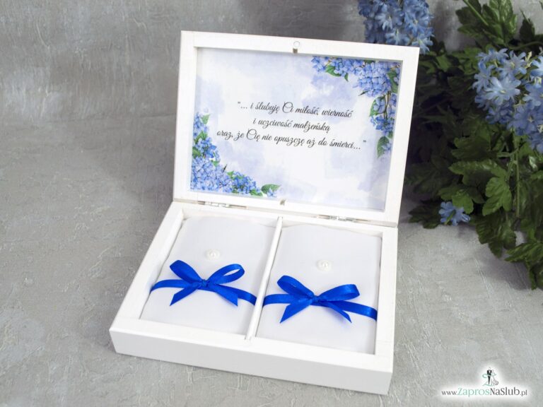 Drewniane pudełko na obrączki, szkatułka z niebieskimi kwiatami hortensji PNO-41-11 - ZaprosNaSlub