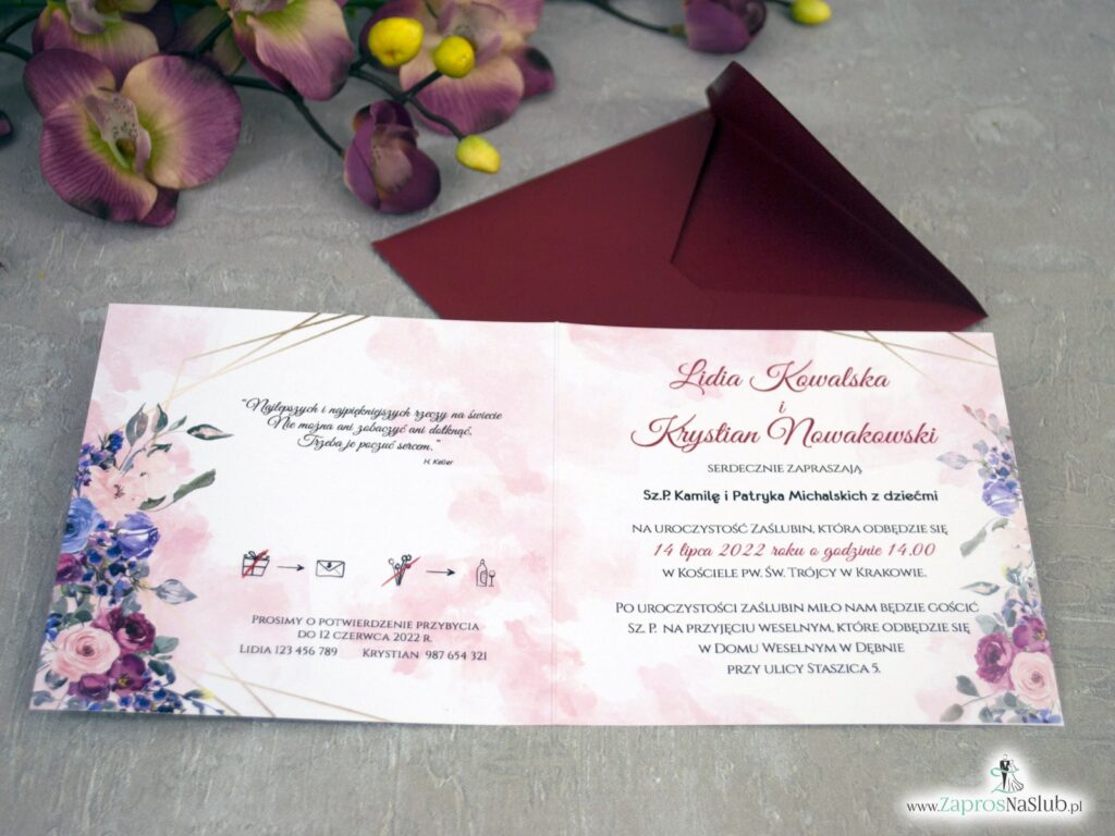 Zaproszenia na ślub geometryczne z kwiatami i delikatnym tłem ZAP-41-74