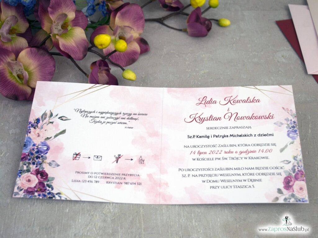 Zaproszenia na ślub z bordowo niebieskimi kwiatami ZAP-41-74