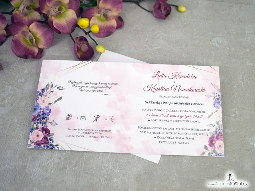 Zaproszenia ślubne geometryczne z kwiatami w różnych kolorach ZAP-41-74