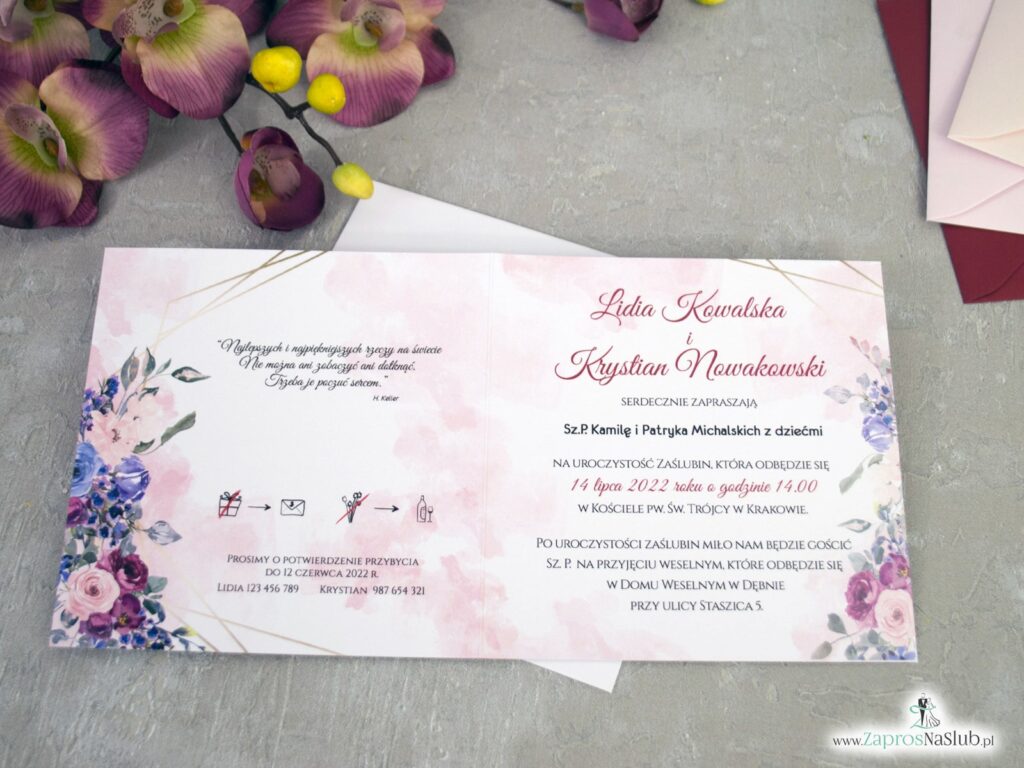 Zaproszenia ślubne z kwiatami i złotymi liniami ZAP-41-74
