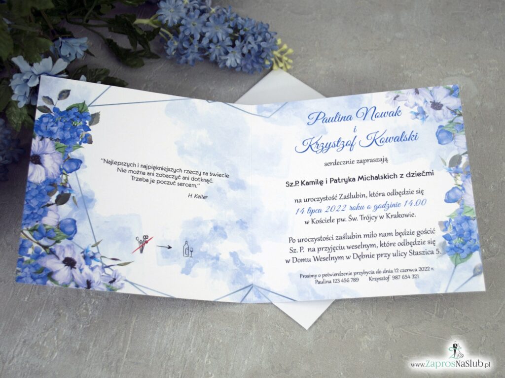 Niebieskie zaproszenia ślubne z geometrycznymi liniami i granatowo białymi kwiatami ZAP-41-70
