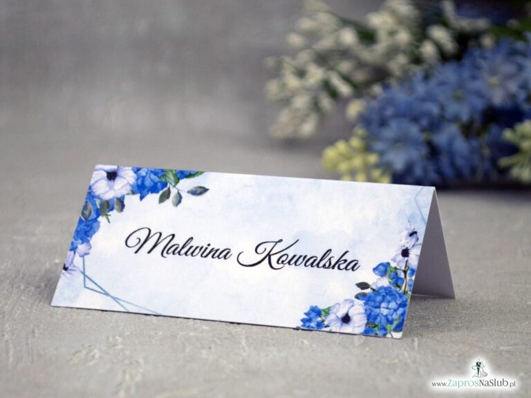 Winietki na ślub z niebiesko białymi kwiatami WIN-41-70