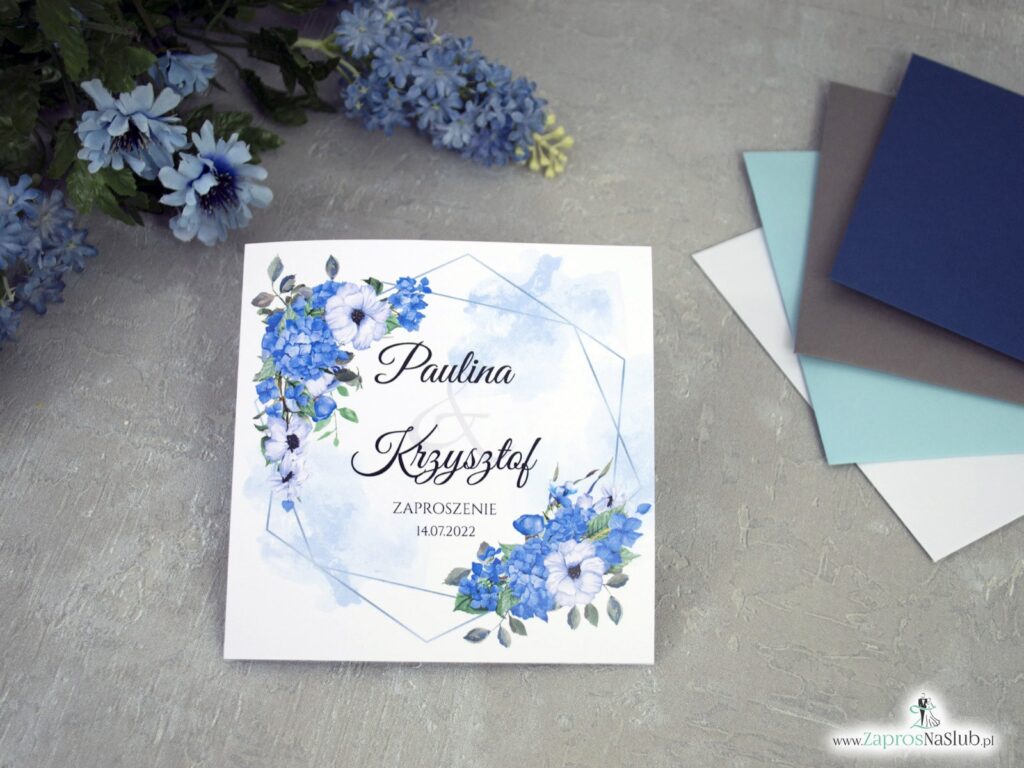 Zaproszenia ślubne geometryczne z niebiesko białymi kwiatami ZAP-41-70