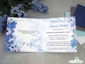 Zaproszenia ślubne z granatowo białymi kwiatami i geometrycznymi liniami ZAP-41-70