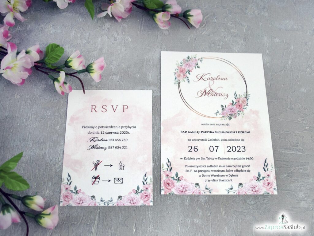Dwuczęściowe zaproszenie na ślub z różowymi kwiatami ZAP-151-2