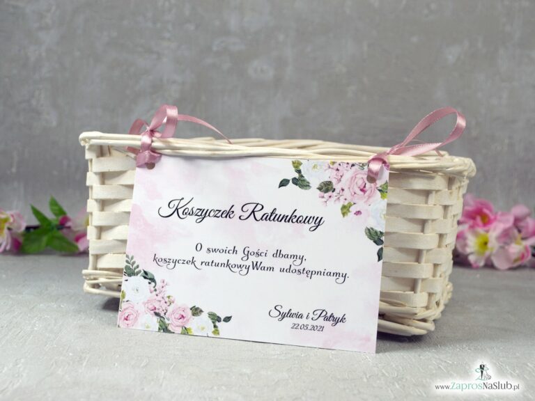Koszyczek ratunkowy z różowo białymi kwiatami i delikatnym różowym tłem KOS-41-12 - ZaprosNaSlub