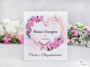 Prośba o błogosławieństwo dla rodziców z różowymi kwiatami hortensji i geometrycznym sercem. POB-41-25