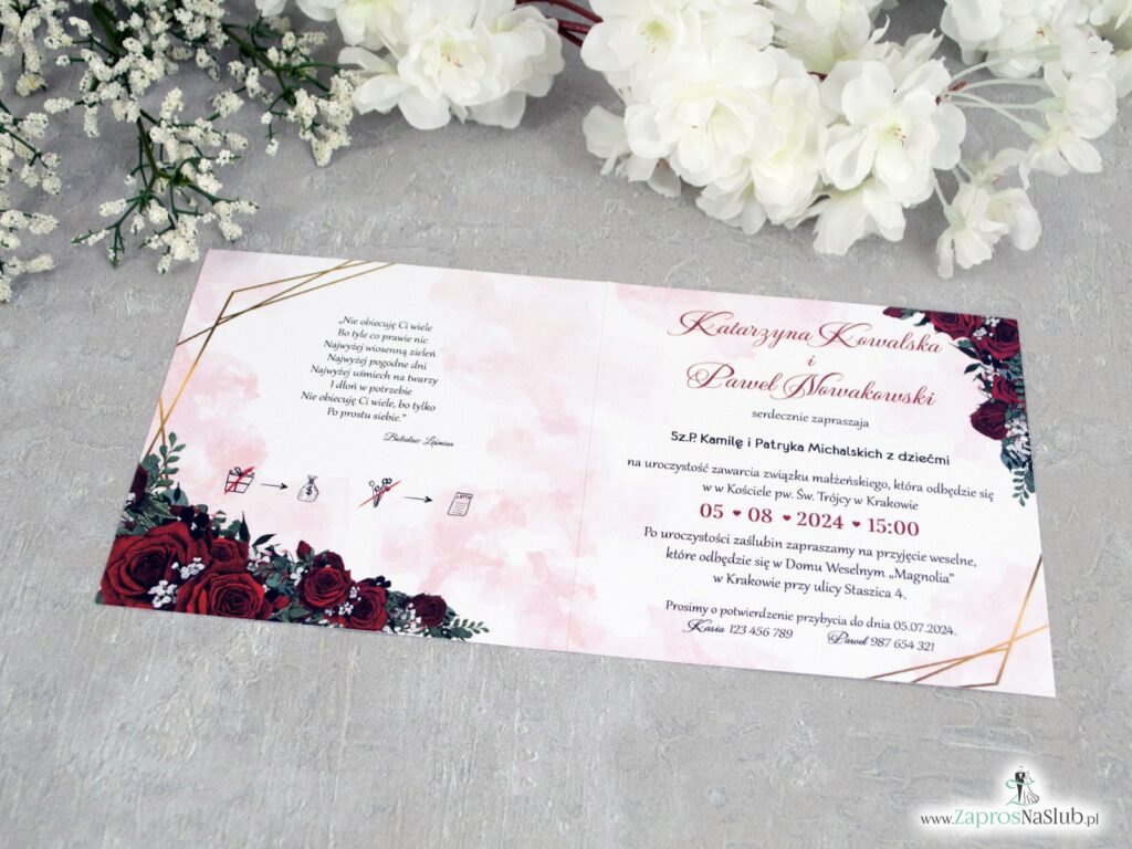 Zaproszenia na ślub bordowe róże złote linie ZAP-41-09-2