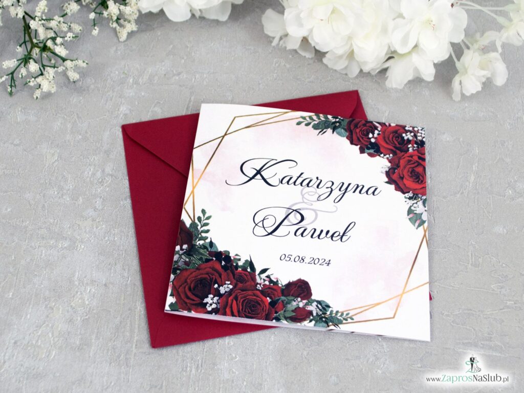 Zaproszenia na ślub czerwone róże, czerwona koperta ZAP-41-09-2