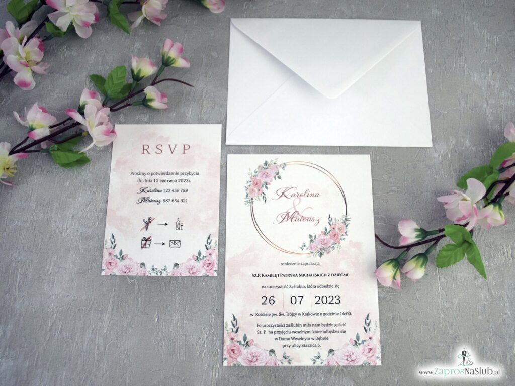 Zaproszenia na ślub dwie kartki różowe kwiaty złote koło ZAP-151-2