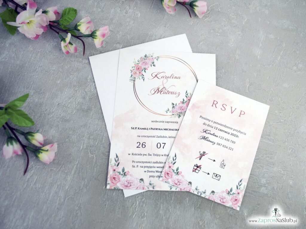 Zaproszenia na ślub dwuczęściowe RSVP różowe kwiaty i złote koło ZAP-151-2