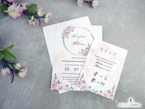 Zaproszenie ślubne dwuczęściowe z różowymi kwiatami i złotą obręczą ZAP-151-2