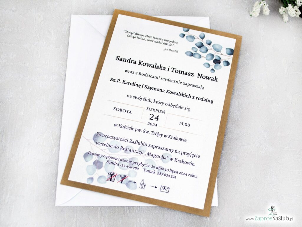 Zaproszenia na ślub eukaliptus na papierze eko ZAP-153-3