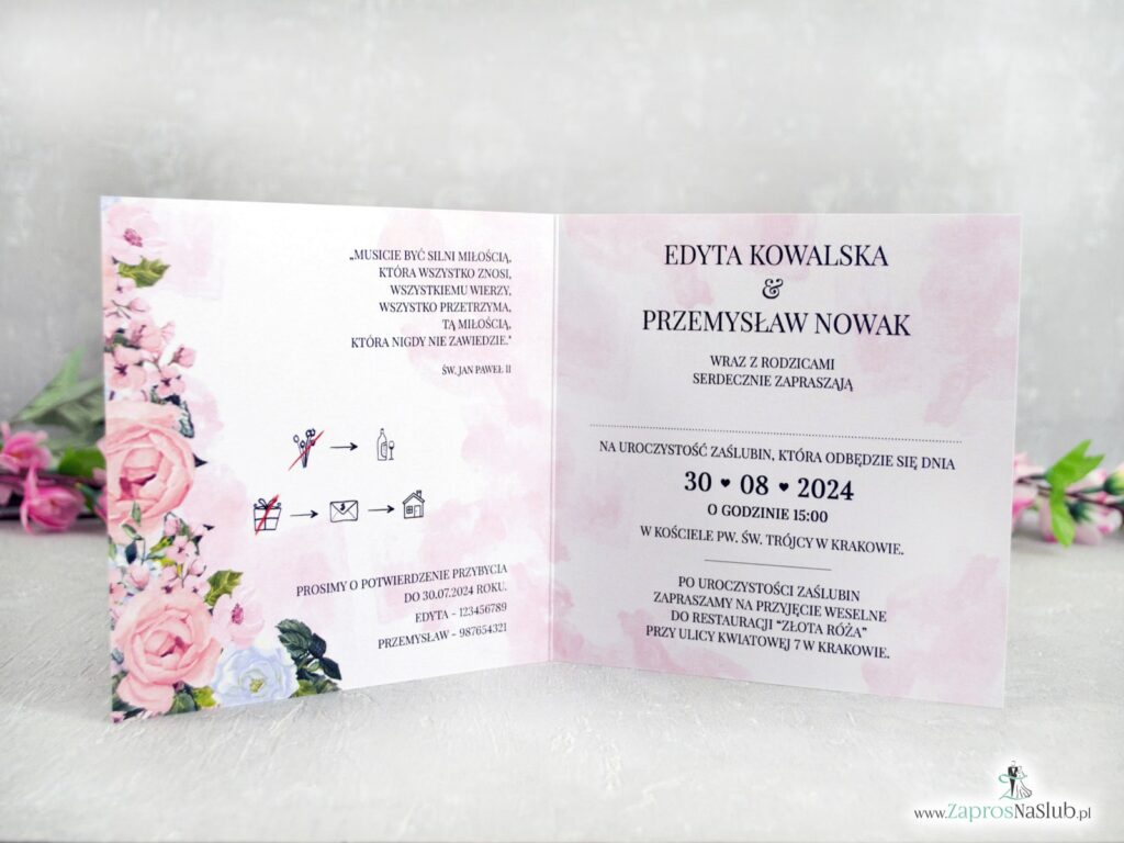 Zaproszenia na ślub różowe kwiaty i delikatne tło ZAP-41-12-2