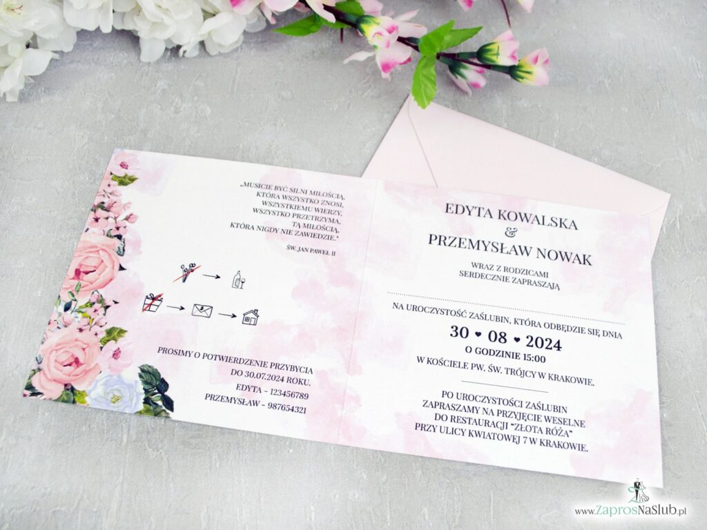 Zaproszenia na ślub różowo białe kwiaty i delikatne tło ZAP-41-12-2