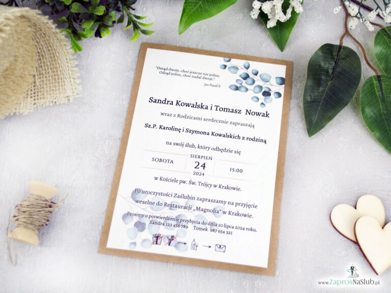 Zaproszenia na ślub z liśćmi eukaliptusa i papierem eko ZAP-153-3