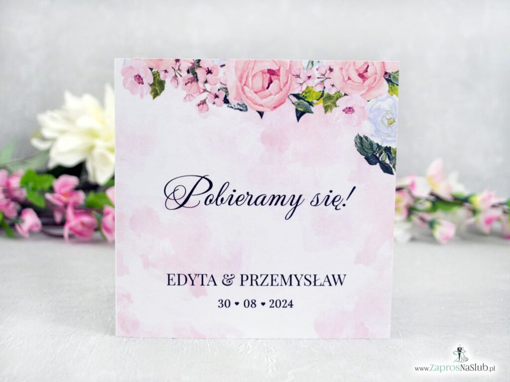 Zaproszenia na ślub z różowymi kwiatami ZAP-41-12-2