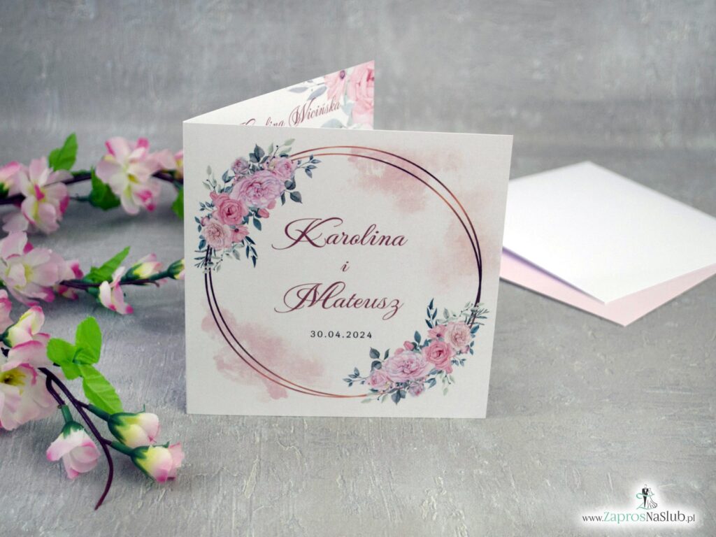 Zaproszenia ślubne różowe kwiaty złoto ZAP-151