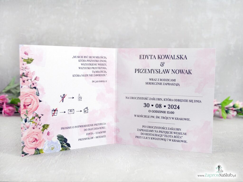 Zaproszenia ślubne z różowymi kwiatami i różowym tłem ZAP-41-12-2