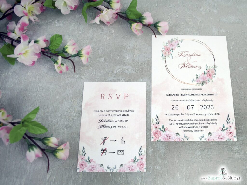 Zaproszenie na ślub dwuelementowe ze złotym kołem i różowymi kwiatami ZAP-151-2