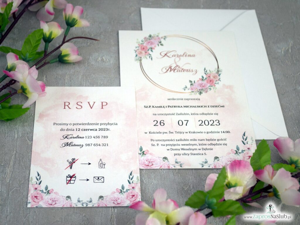 Zaproszenie na ślub jednokartkowe złota obręcz i różowe kwiaty ZAP-151-2