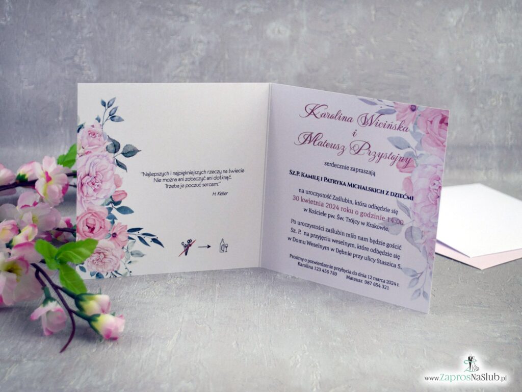 Zaproszenie na ślub, różowe kwiaty ozdobna czcionka ZAP-151