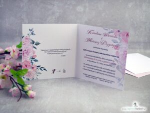 Zaproszenia ślubne z różowymi kwiatami i złotą obręczą ZAP-151