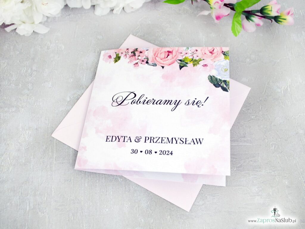 Zaproszenie na ślub różowo białe kwiaty ZAP-41-12-2