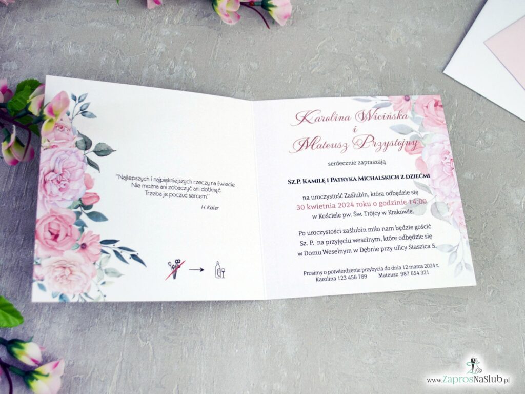 Zaproszenie na ślub z kwiatami i listkami złote ZAP-151
