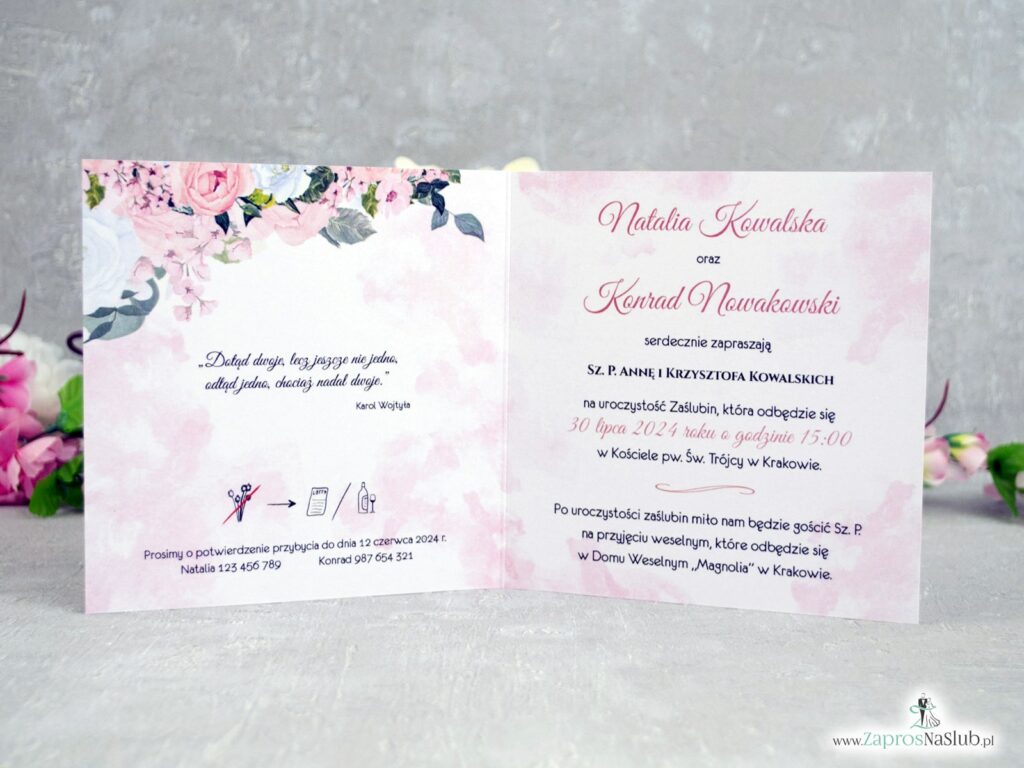 Zaproszenie na ślub z młodą parą i różowymi kwiatami ZAP-175